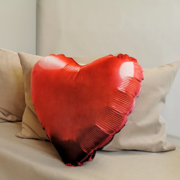 Red heart Foil Balloon realistic looking pillow, Balloon red  plush, Funny cute stuffed party decor cushion, Unique gift kid birthday plush