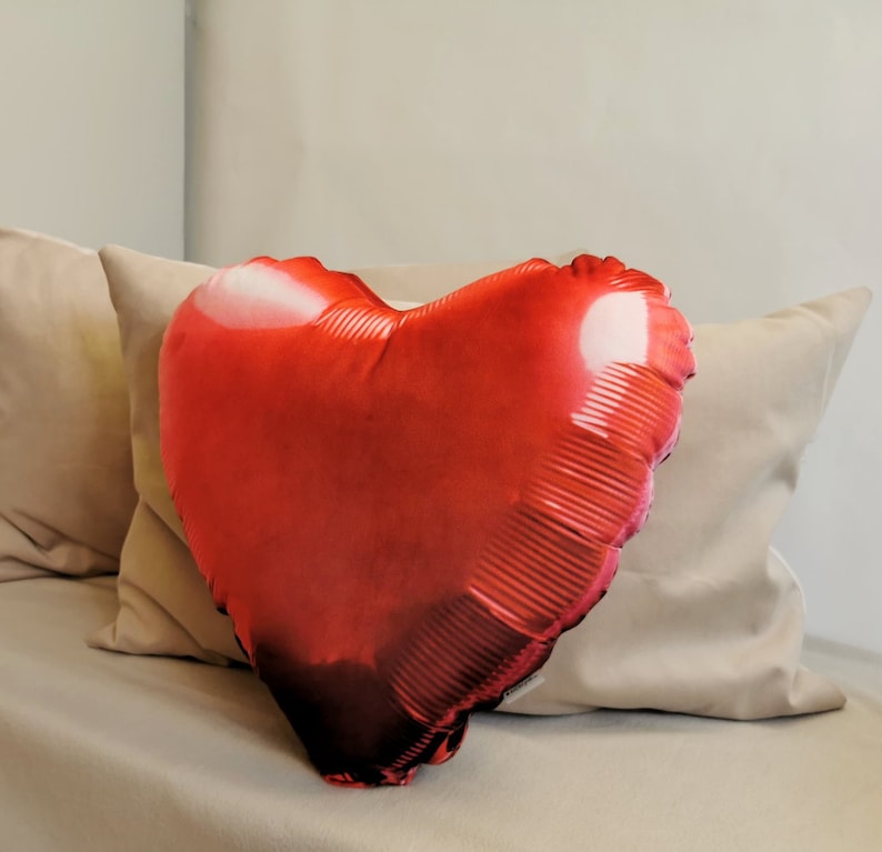 Red heart Foil Balloon realistic looking pillow, Balloon red plush, Funny cute stuffed party decor cushion, Unique gift kid birthday plush image 1