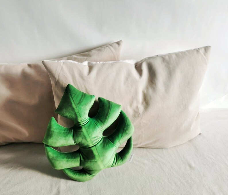 Monstera deliciosa shaped leaf cushion Christmas gift for plant lover, Monstera pillow for tropical home decor, Plush Soft velvet pillow image 1