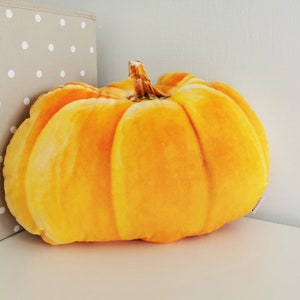 Peut inclure: Un grand coussin en forme de citrouille en peluche de couleur jaune vif. Le coussin a la forme d'une vraie citrouille avec une tige sur le dessus.