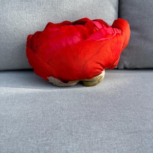Red flower pillow for vibrant home, soft floral cushion shaped like peony poppy, realistic bloom design unique floral gift for flower lovers
