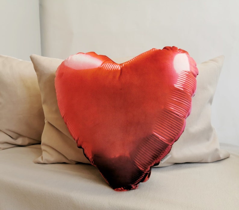 Red heart Foil Balloon realistic looking pillow, Balloon red plush, Funny cute stuffed party decor cushion, Unique gift kid birthday plush image 2