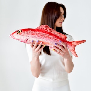 Fishing gifts for man or for dad from daughter, Red snapper fish pillow stuffed toy Gift for Fisherman, Fish decor for coastal house decor