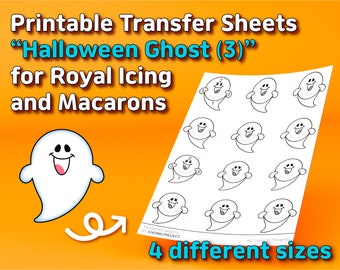 Può includere: Fogli di trasferimento stampabili con un design a fantasma di Halloween per glassa reale e macarons. L'immagine mostra un foglio con più illustrazioni di fantasmi, insieme al testo "Halloween Ghost (3)" e "4 diverse dimensioni".