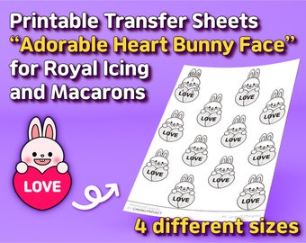 Printable Transfer Sheets "Adorable Heart Bunny Face" for Royal Icing and Macarons