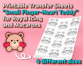 Hojas transferibles imprimibles "Pequeño osito de peluche con corazón y dedo" para glaseado real y macarons