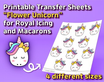 Printable Transfer Color Sheets "Adorable Ribbon Unicorn" for Royal Icing and Macarons