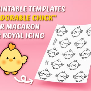 Peut inclure: Modèles imprimables pour macarons ou glaçage royal avec un adorable design de poussin. L'image montre une feuille de papier avec plusieurs contours de poussins et une seule illustration de poussin coloré avec un corps jaune, un bec orange et du fard.