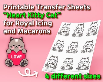 Hojas de transferencia imprimibles "Heart Kitty Cat" para Royal Icing y Macarons