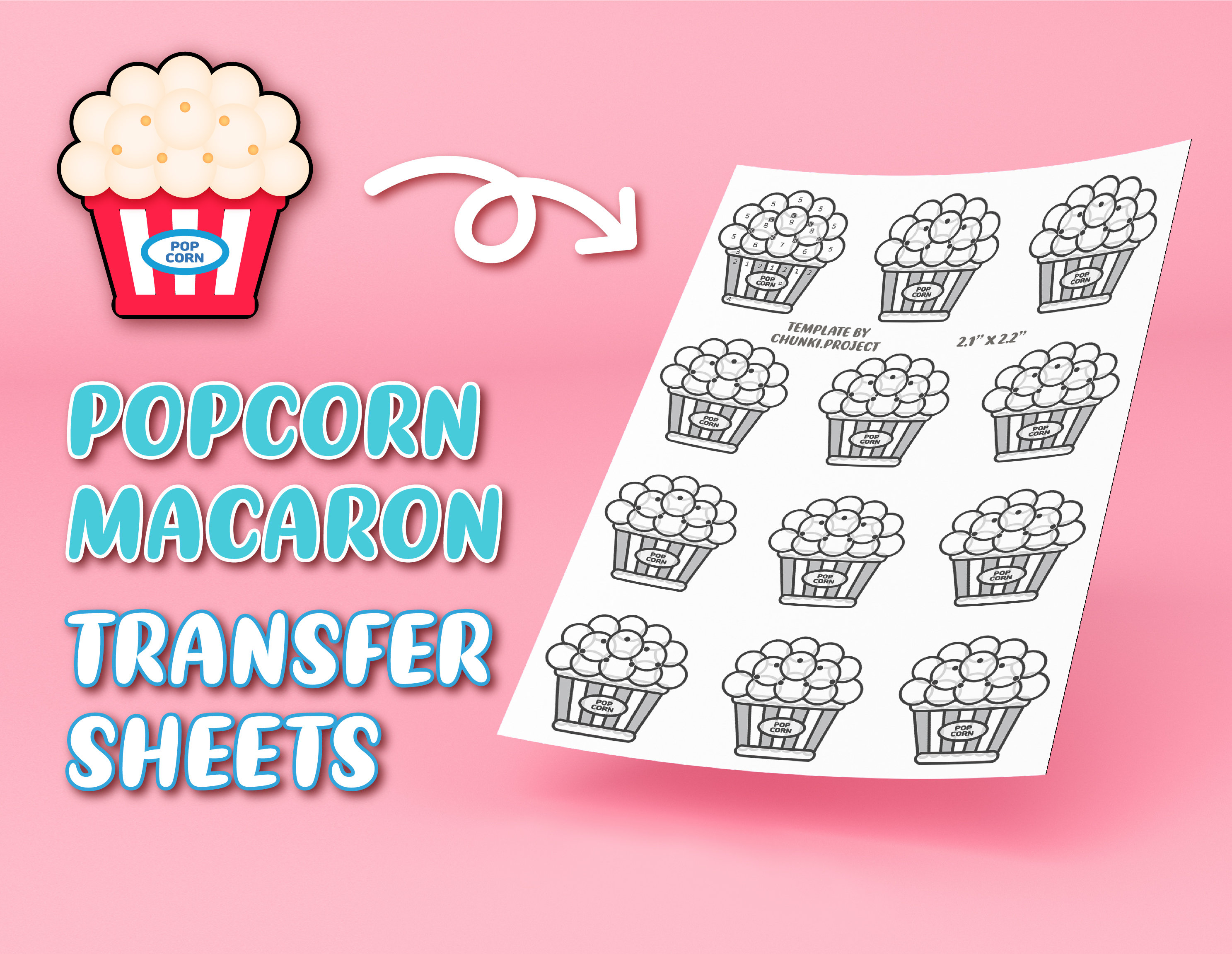 Printable Template Popcorn Design for Macaron or Etsy
