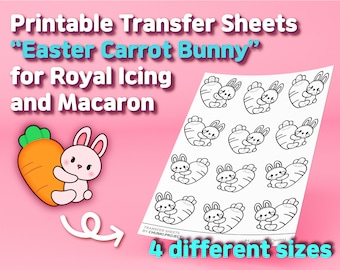 Hojas de transferencia imprimibles "Conejito Zanahoria de Pascua" para glaseado real y macarrones