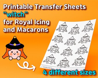 Hojas transfer imprimibles "Bruja de Halloween" para Glasé Real y Macarons