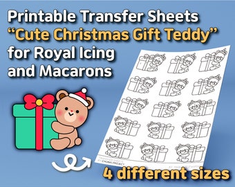 Printable Transfer Sheets "Cute Christmas Gift Teddy" for Royal Icing and Macarons