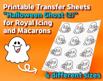 Può includere: Fogli di trasferimento stampabili con un design a fantasma di Halloween, per glassa reale e macarons. L'immagine mostra un foglio con diverse illustrazioni di fantasmi che tengono un secchio di zucca, con il testo "Halloween Ghost (2)" e "4 different sizes."