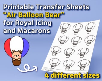 Hojas de transferencia imprimibles "Osito de peluche en globo aerostático" para glaseado real y macarons