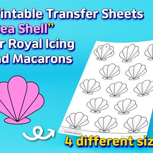 Peut inclure: Feuilles de transfert imprimables pour glaçage royal et macarons. Le design présente un graphisme de coquillage rose et une feuille avec plusieurs contours de coquillages en quatre tailles différentes. Le texte indique "Sea Shell".
