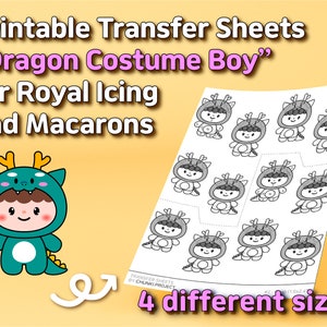 Peut inclure: Feuilles de transfert imprimables avec un motif "Dragon Costume Boy", parfaites pour le glaçage royal et les macarons. L'image montre une feuille avec plusieurs illustrations de costumes de dragon de différentes tailles, ainsi qu'une illustration unique d'un personnage de dragon coloré.