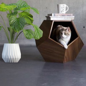 Modern walnut tree veneered mdf cat bed Cat cave premium Designer cat bed Wooden pet furniture Geometric side table