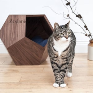 Modern walnut tree veneered mdf cat bed Cat cave premium Designer cat bed Wooden pet furniture Geometric side table