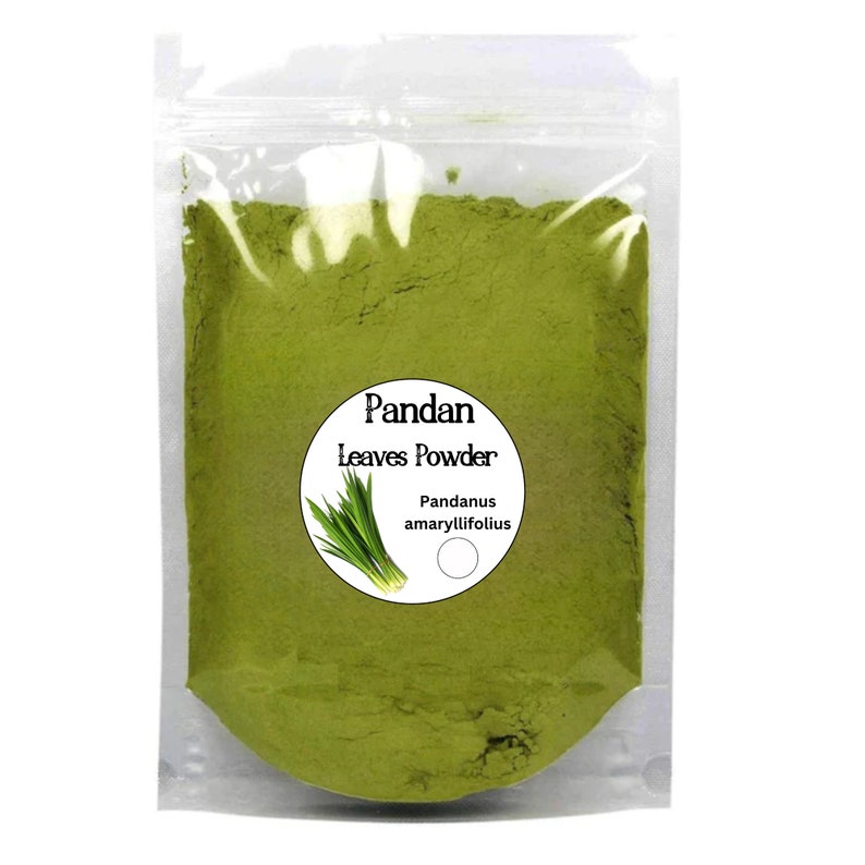 May include: A clear plastic bag filled with green pandan leaves powder. The label reads "Pandan Leaves Powder" and "Pandanus amaryllifolous".