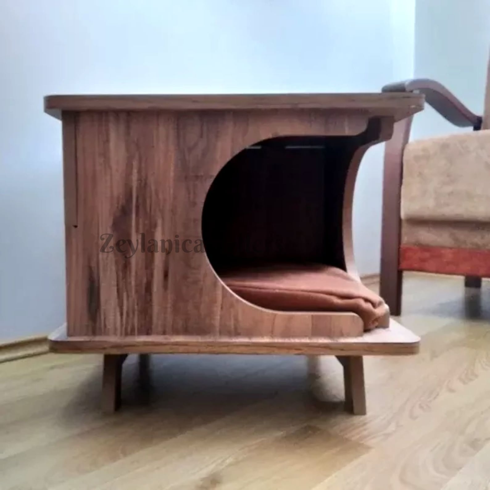 Stylish Plywood Cat House, Handmade Cozy Cat Bed Rustical Box Dark Oak