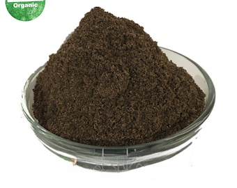 May include: A close-up of a pile of dark brown ground coffee in a clear glass bowl. The coffee is certified as USDA Organic.