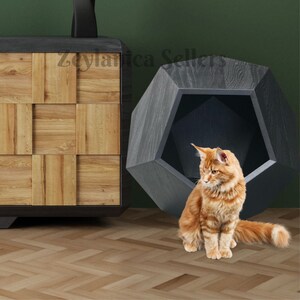 Modern Natural Pine wood Ork Alternative pet furniture Cat bed cave Multipurpose furniture gift for cat Lover wooden side table oak cat cave