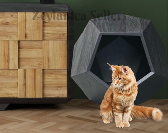 Modern Natural Pine wood Ork Alternative pet furniture Cat bed cave Multipurpose furniture gift for cat Lover wooden side table oak cat cave