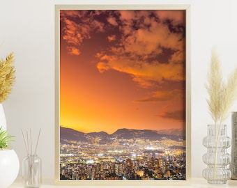 Medellin City Lights Mountain Sunset , Colombia Printable Wall Art, Colombia Art, Digital Download