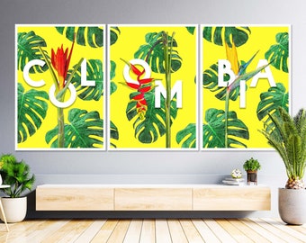 Colombian Art Botanical Prints Set of 3, Large Floral Wall Art, Floral Print, Botanical Art, House Plant Poster,  Printable Wall Art, Yellow