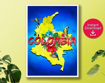 Colombia Map in Watercolor / Illustrated with tropical birds and flowers  / Printable Wall Art / Digital Download