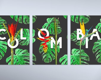 Colombia Botanical Print Set of 3 (Grey) / Watercolor Flowers / Flower Print / Printable Wall Art / Digital Download / Wall Decor