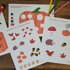 PDF: Lern- und Spielvorlage "Herbst" zum spielerischen Lernen, Zählen, Schneiden, Malen, Verbinden, Kleinkinder, Vorschulmaterial