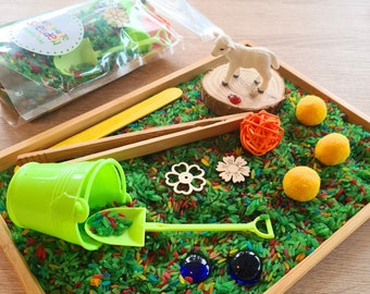 Frühling Sensory Play Geschenkidee Kleine Beschäftigung Montessori Spiel Jahreszeitentisch / Schüttspiel Reis Frühling Sensorische Aktivität