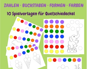 10 game templates for squeeze lids | Learning numbers, shapes, letters, and colors - Preschool - Montessori