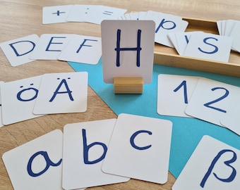 Könnte beinhalten: Weiße Karten mit blauen Buchstaben und Zahlen auf einer blauen und hölzernen Oberfläche. Die Buchstaben umfassen A, B, C, D, E, F, H, Ö, Ä, S und P. Die Zahlen umfassen 1 und 2.
