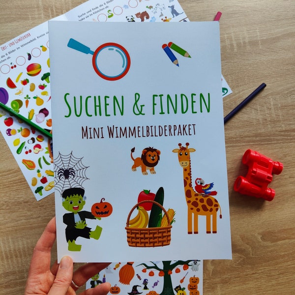 Wimmelbilder - Suchen und FInden  -Rätselblätter im Set für Kleinkinder - Halloween - Zoo  - Obst und Gemüse - Geschenktüte - Beschäftigung