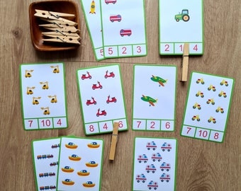 Clip Cards (PDF) - Learning Numbers 1 to 10 - Cars ITransport Vehicles I Montessori I Preschool | flash cards