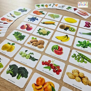 Schede illustrate di frutta e verdura con nomi e oggetti – Sviluppo del linguaggio Montessori dai 3 anni – Schede didattiche con foto vere – Tedesco per la scuola materna