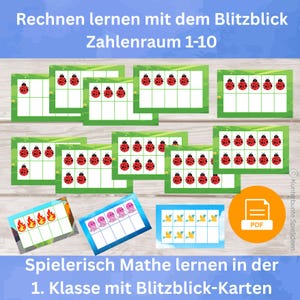 Learning to count, Grade 1: Ten-frame - Number range 1 to 10 - Number decomposition and number bonds - Math game PDF for printing - Flashcards