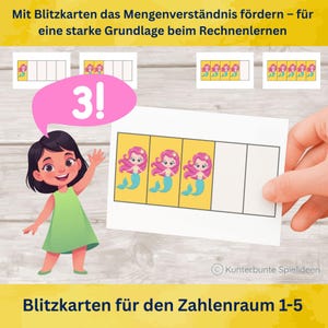 Può includere: Flashcard educative con illustrazioni di sirene. Le carte presentano una ragazza con un fumetto che mostra il numero 3. Il testo sulle carte recita "Blitzkarten für den Zahlenraum 1-5" e "Mit Blitzkarten das Mengenverständnis fördern - für eine starke Grundlage beim Rechnenlernen".