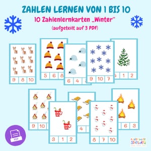 Zahlenkarten "Winter" (digital) - Zahlen lernen 1 bis 10 - Wintersymbole I Montessori I Lernspiel | Flashcards