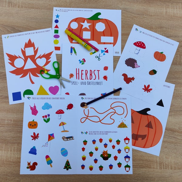 Spiel- und Bastelpaket "Herbst" zum spielerischen Lernen: Zählen, Schneiden, Malen, Verbinden, Kleinkinder, Vorschule, spielen und lernen