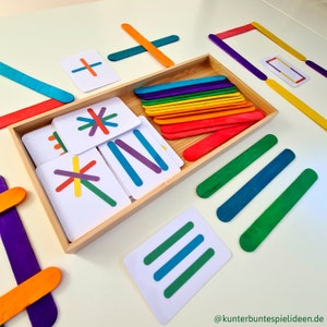 Montessori Spielset: Legespiel mit Holzstäbchen und Motivkarten, Montessori Geburtstag, Busy Bag, Vorschule, kleines Geschenk für Kindertag
