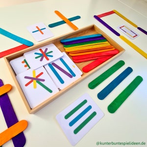 Montessori Spielset: Legespiel mit Holzstäbchen & Motivkarten , Montessori Geburtstag, Busy Bag, Vorschule, Osternest Füllung Ostergeschenk