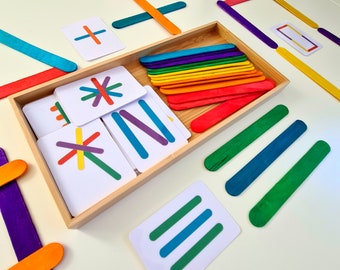 Montessori Spielset: Holzstäbchen und Motivkarten zum Nachlegen, Muster, Farben, Unterrichtsmaterial