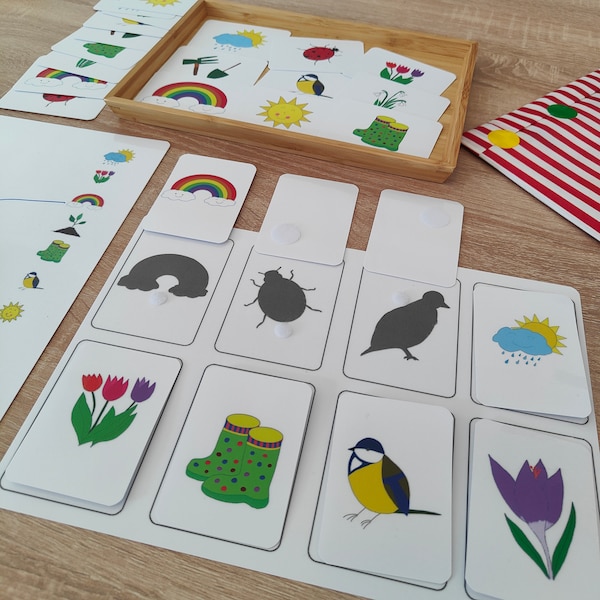 Coffret de jeux d'éveil créatif « Printemps » - Tout-petits - 3 jeux : Ombres, Symboles, Mémoire - Modèle Montessori - Cadeau de Pâques