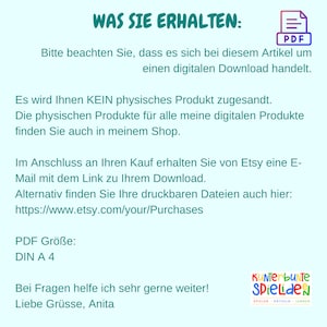 May include: A digital download product description in German, explaining that the buyer will receive a digital download and not a physical product. The description also includes information about how to access the download and the size of the PDF file.