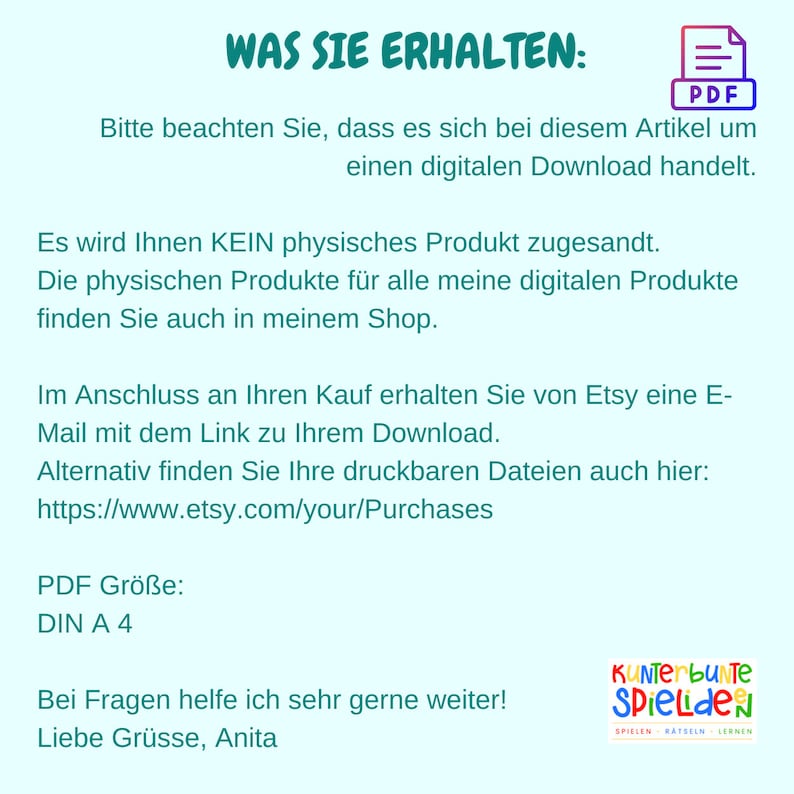 May include: A digital download product description in German, explaining that the buyer will receive a digital download and not a physical product. The description also includes information about how to access the download and the size of the PDF file.