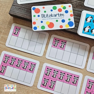 Könnte beinhalten: Lernkarten mit Waschbären-Motiv. Die Karten zeigen einen rosa Hintergrund mit Waschbär-Illustrationen und ein Raster zum Zählen üben. Eine Karte mit dem Text "BLitzkarten" und bunten Punkten ist ebenfalls zu sehen.